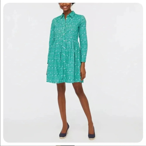NWT!! J. Crew - Printed Cotton Mini Shirtdress - Green/White/Blue - Size 6 - Picture 1 of 10
